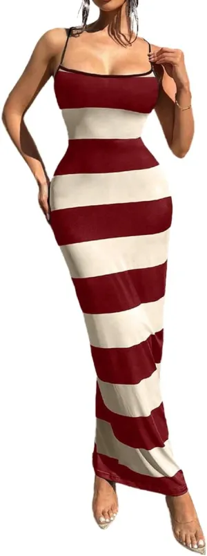 TOPSRANI Womens Bodycon Slip Maxi Dress Striped Color Block Backless Sleeveless Casual Sundress Sexy Slim Long Summer Dresses