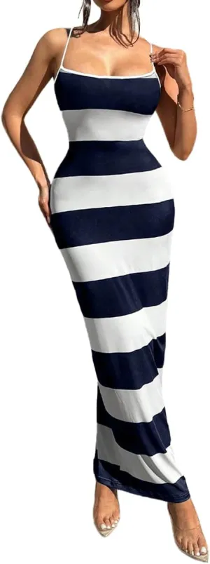 TOPSRANI Womens Bodycon Slip Maxi Dress Striped Color Block Backless Sleeveless Casual Sundress Sexy Slim Long Summer Dresses