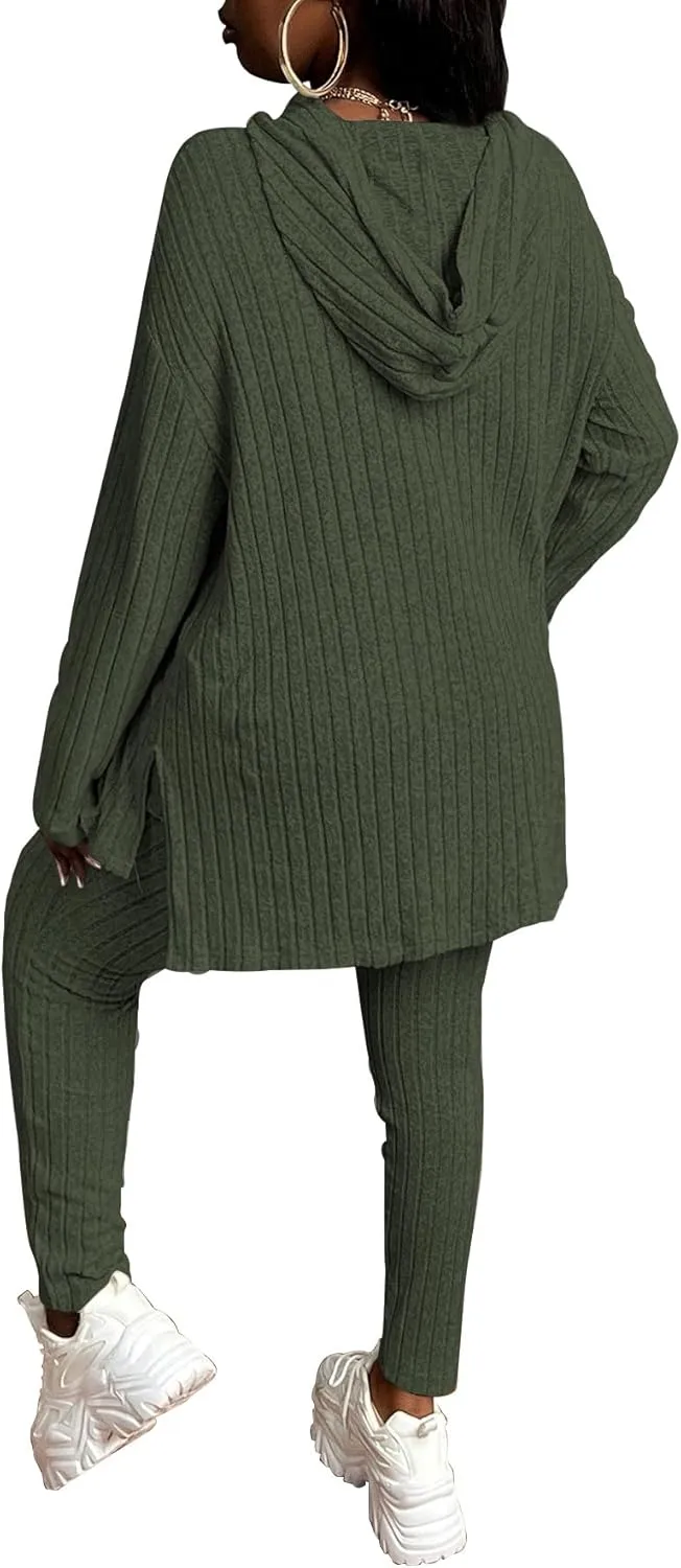 TOPSRANI Womens Two Piece Outfits Tracksuit Casual Sweatsuits Hoodie Solid Ribbed Long Sleeve Pullover Lounge Pant Sets