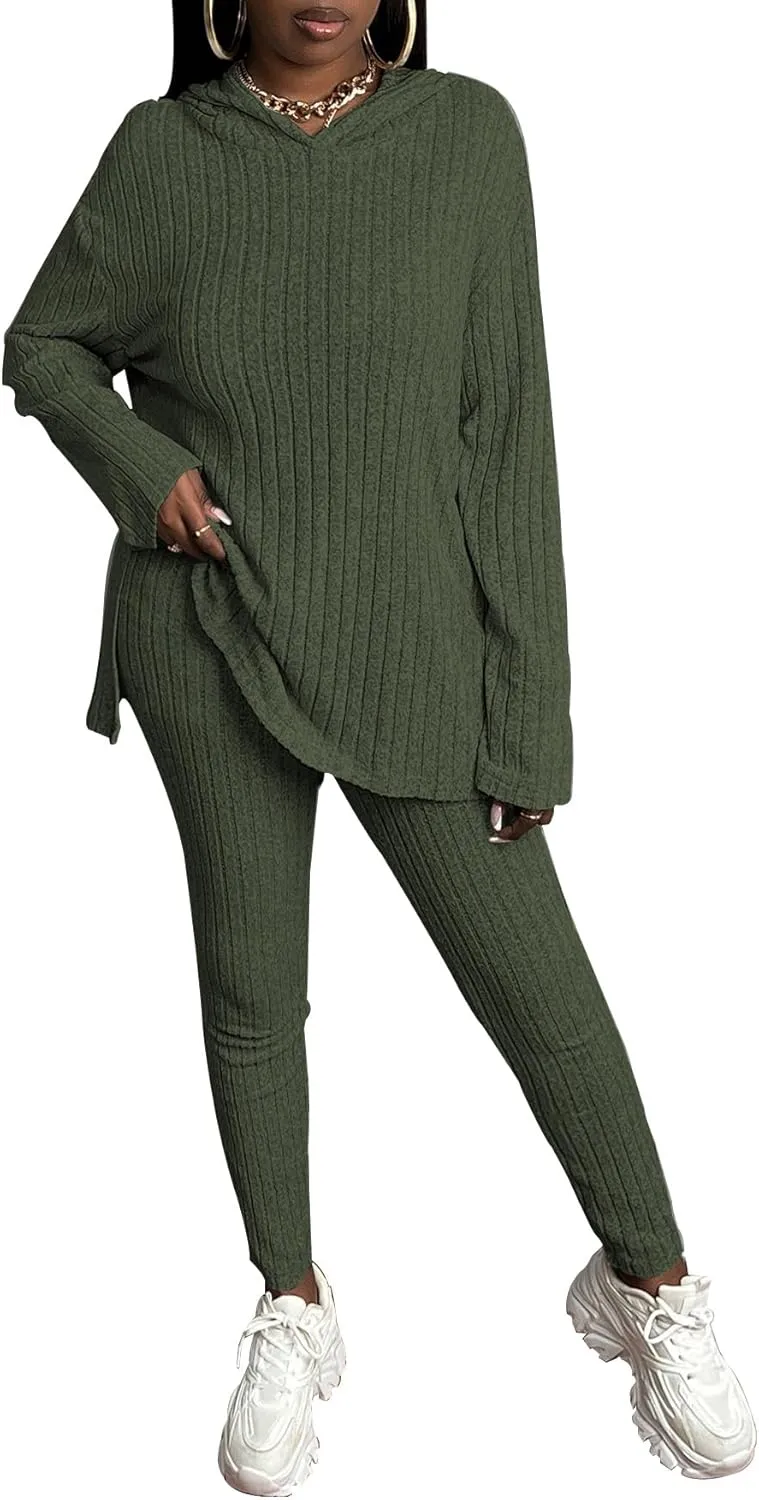 TOPSRANI Womens Two Piece Outfits Tracksuit Casual Sweatsuits Hoodie Solid Ribbed Long Sleeve Pullover Lounge Pant Sets