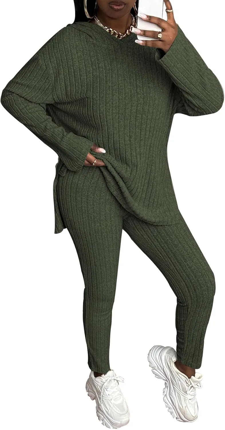 TOPSRANI Womens Two Piece Outfits Tracksuit Casual Sweatsuits Hoodie Solid Ribbed Long Sleeve Pullover Lounge Pant Sets