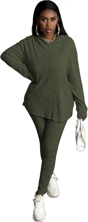 TOPSRANI Womens Two Piece Outfits Tracksuit Casual Sweatsuits Hoodie Solid Ribbed Long Sleeve Pullover Lounge Pant Sets