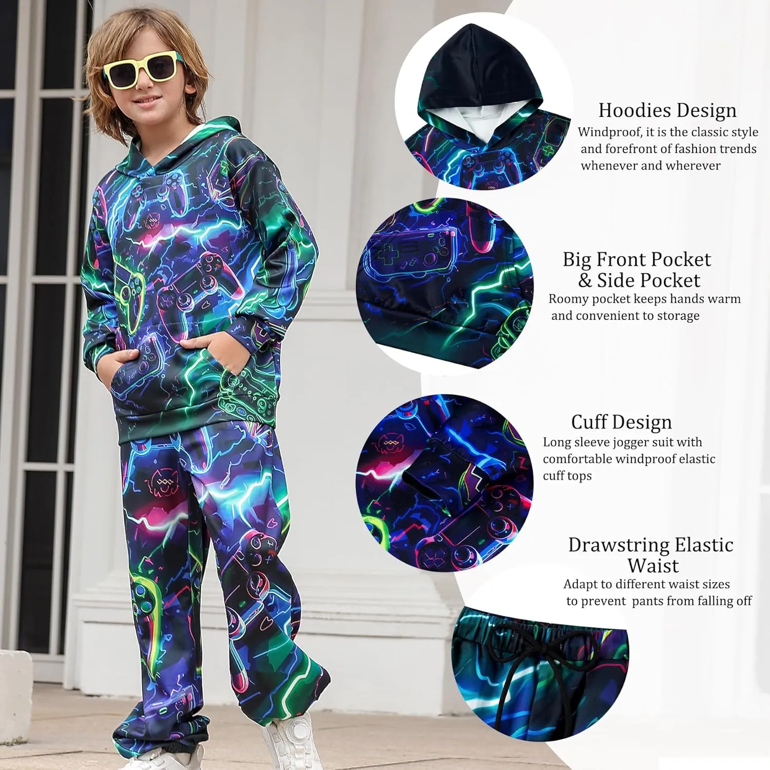 uideazone Boys Girls 2 Pcs Tracksuit Outfit Hoodie Sweatshirt & Sweatpant Sweatsuit Clothing Sets for Kids 7-14T