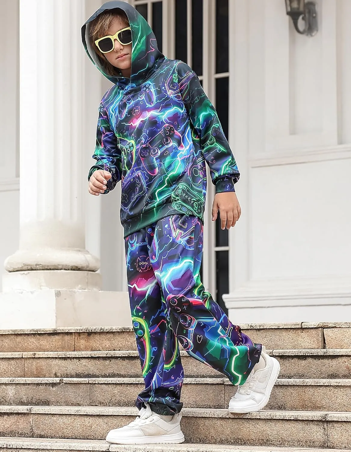uideazone Boys Girls 2 Pcs Tracksuit Outfit Hoodie Sweatshirt & Sweatpant Sweatsuit Clothing Sets for Kids 7-14T