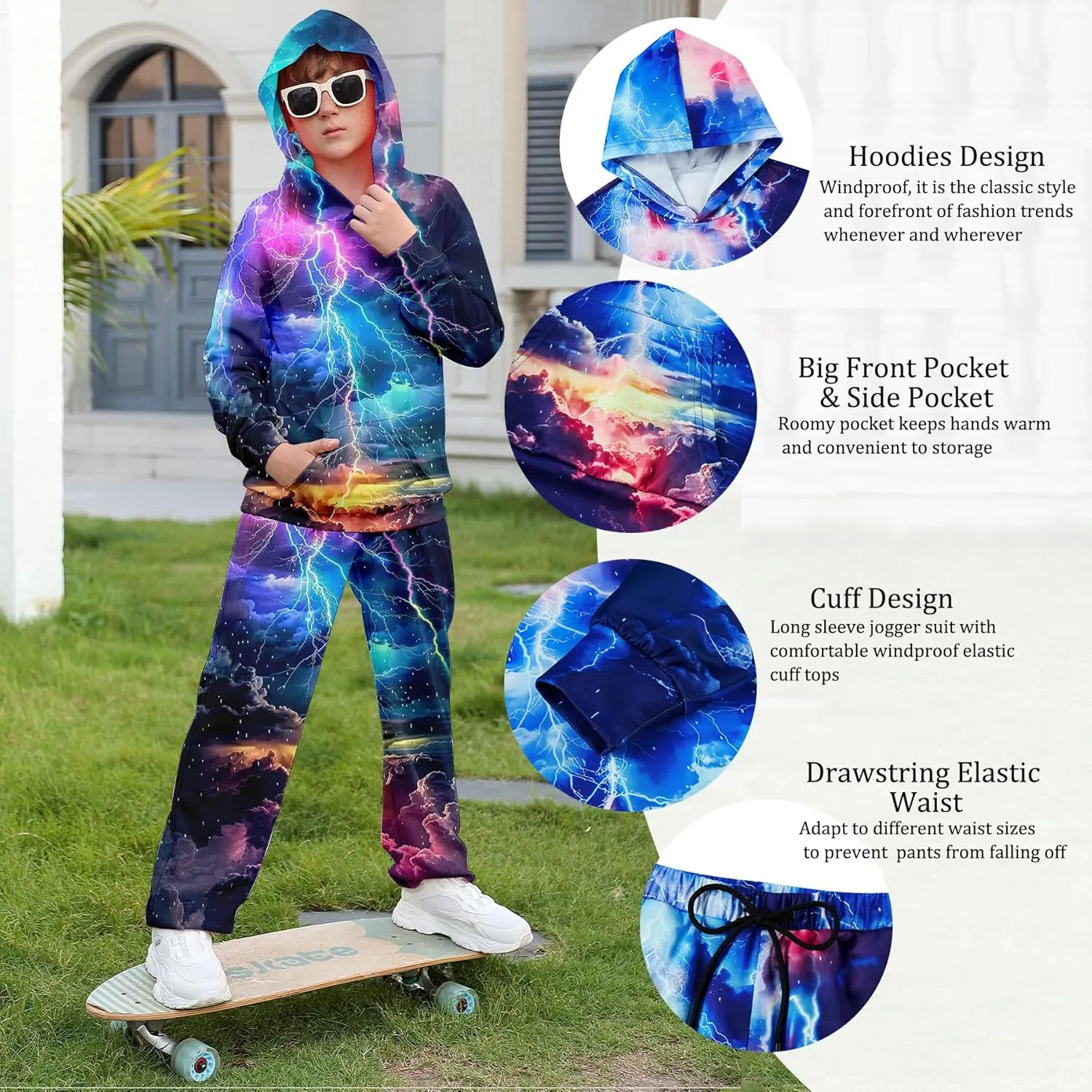 uideazone Boys Girls 2 Pcs Tracksuit Outfit Hoodie Sweatshirt & Sweatpant Sweatsuit Clothing Sets for Kids 7-14T