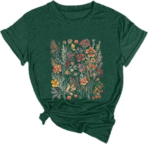 Vintage Floral T Shirt for Women Wild Flowers Shirt Boho Botanical T-Shirt Graphic Tees