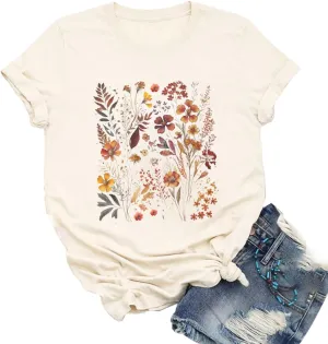 Vintage Floral T Shirt for Women Wild Flowers Shirt Boho Botanical T-Shirt Graphic Tees
