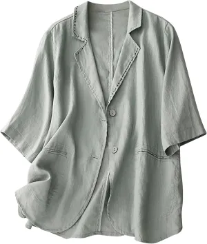 Vintage Short Sleeve Blazer for Women Cotton Lightweight Casual Suit Jackets Button Down Open Front Loose Blazers