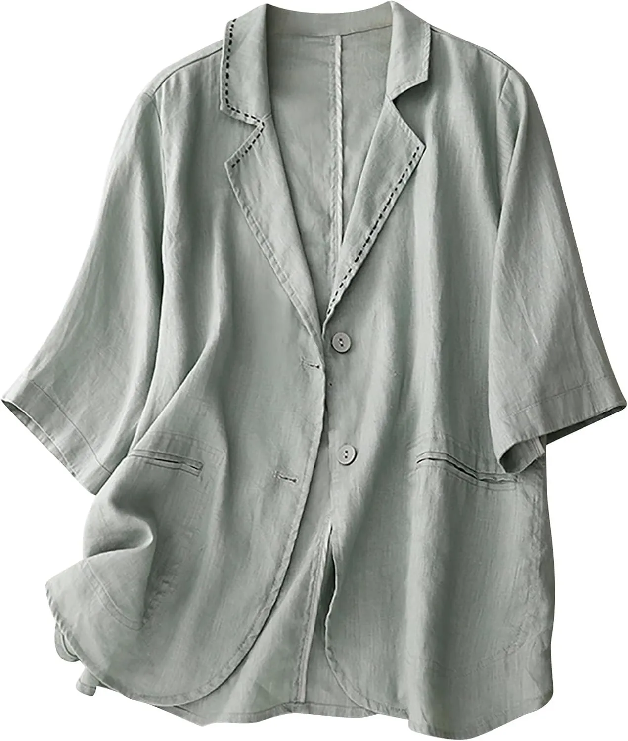Vintage Short Sleeve Blazer for Women Cotton Lightweight Casual Suit Jackets Button Down Open Front Loose Blazers