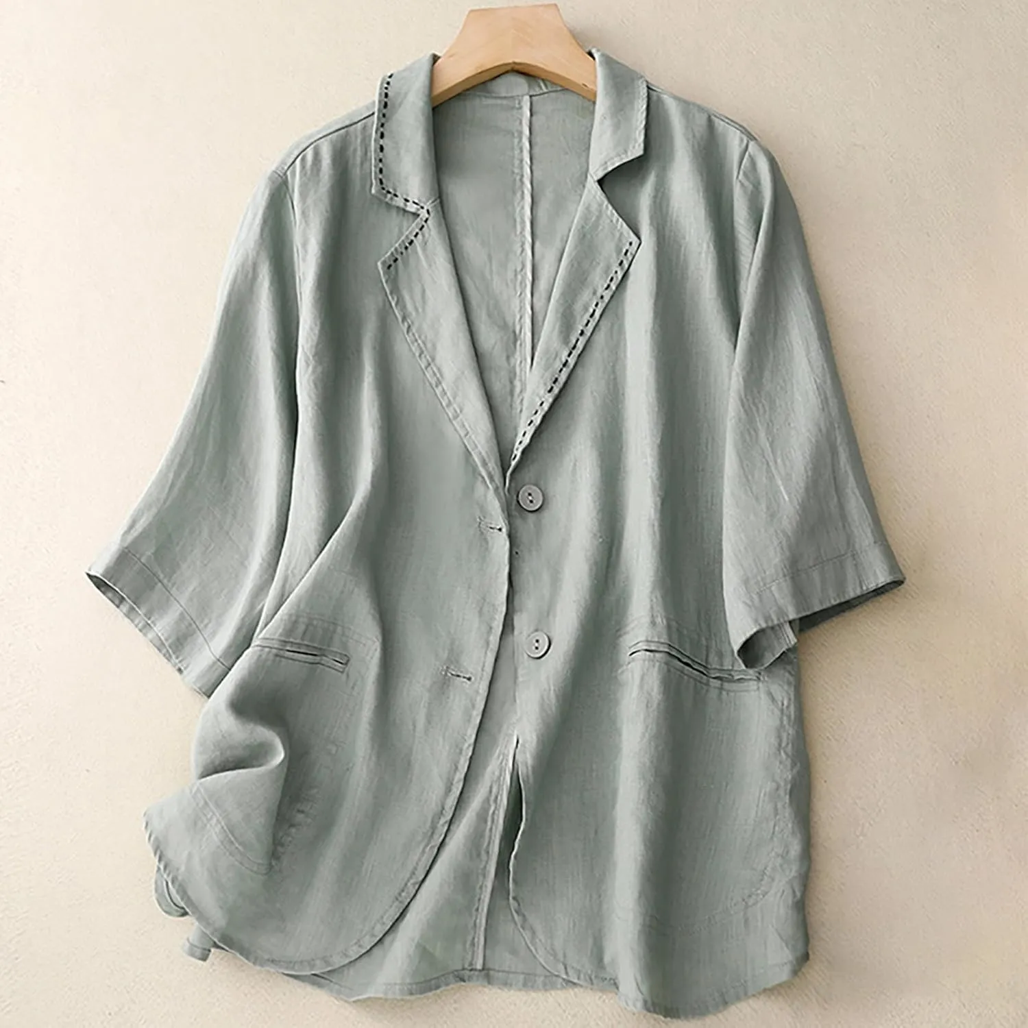 Vintage Short Sleeve Blazer for Women Cotton Lightweight Casual Suit Jackets Button Down Open Front Loose Blazers
