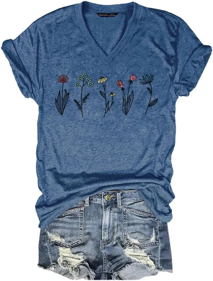 Vintage Wildflower Shirt Womens Graphic Tees V Neck Garden Lover Tops