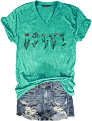 Vintage Wildflower Shirt Womens Graphic Tees V Neck Garden Lover Tops