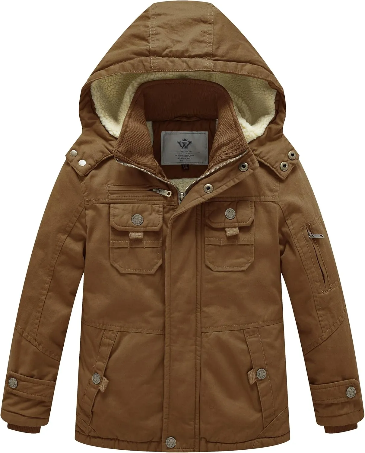 WenVen Boy's Winter Sherpa Jacket Heavy Twill Cotton Military Coat with Hood
