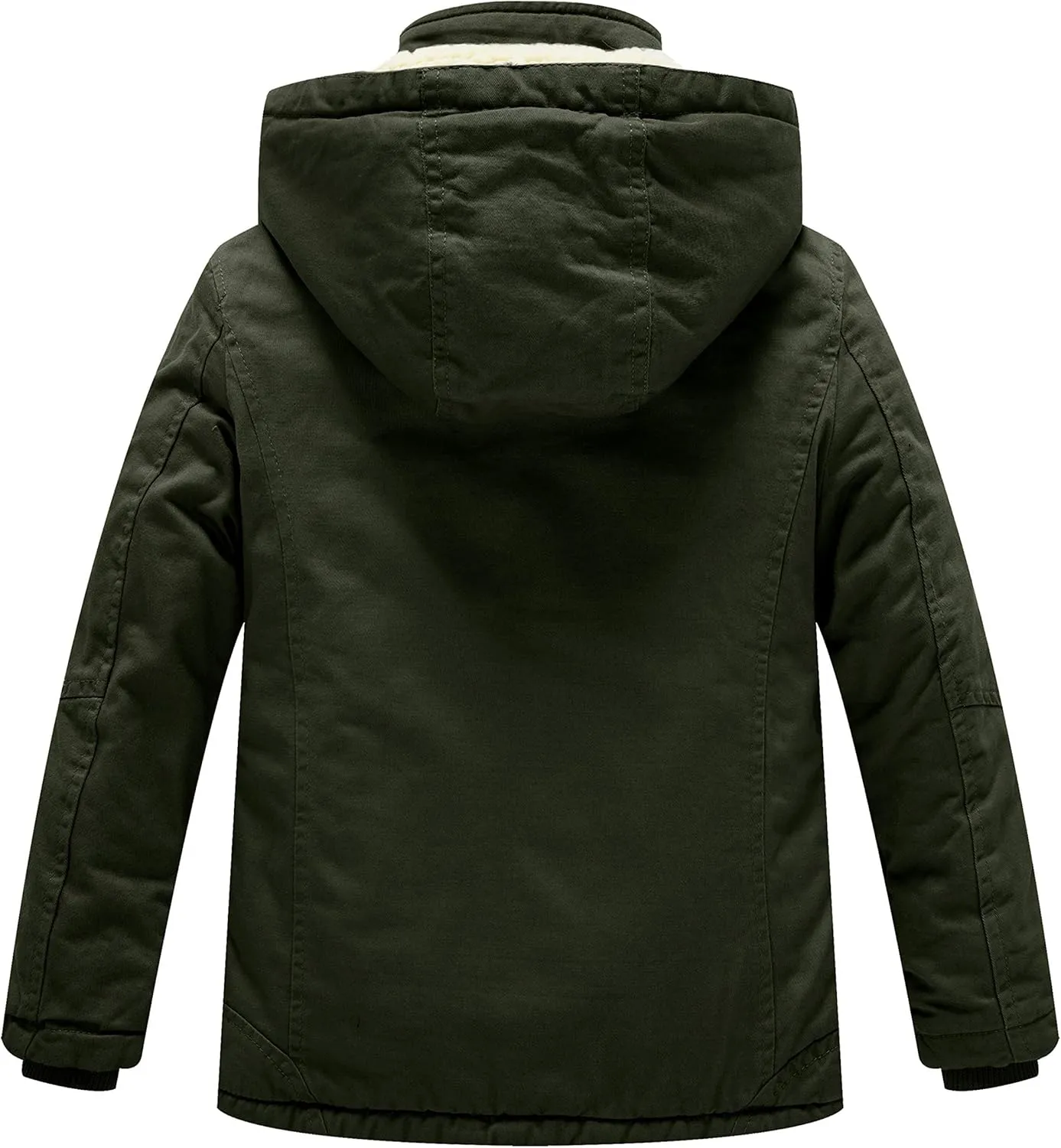 WenVen Boy's Winter Sherpa Jacket Heavy Twill Cotton Military Coat with Hood