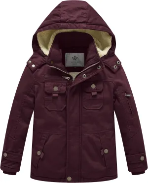 WenVen Boy's Winter Sherpa Jacket Heavy Twill Cotton Military Coat with Hood