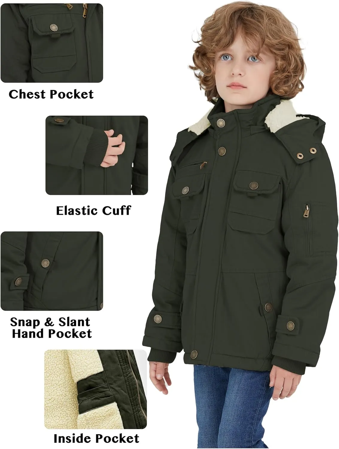 WenVen Boy's Winter Sherpa Jacket Heavy Twill Cotton Military Coat with Hood