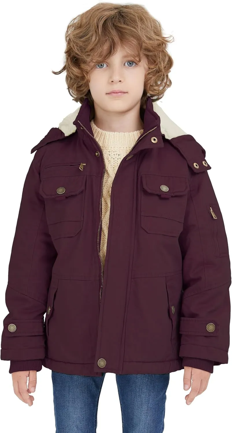 WenVen Boy's Winter Sherpa Jacket Heavy Twill Cotton Military Coat with Hood