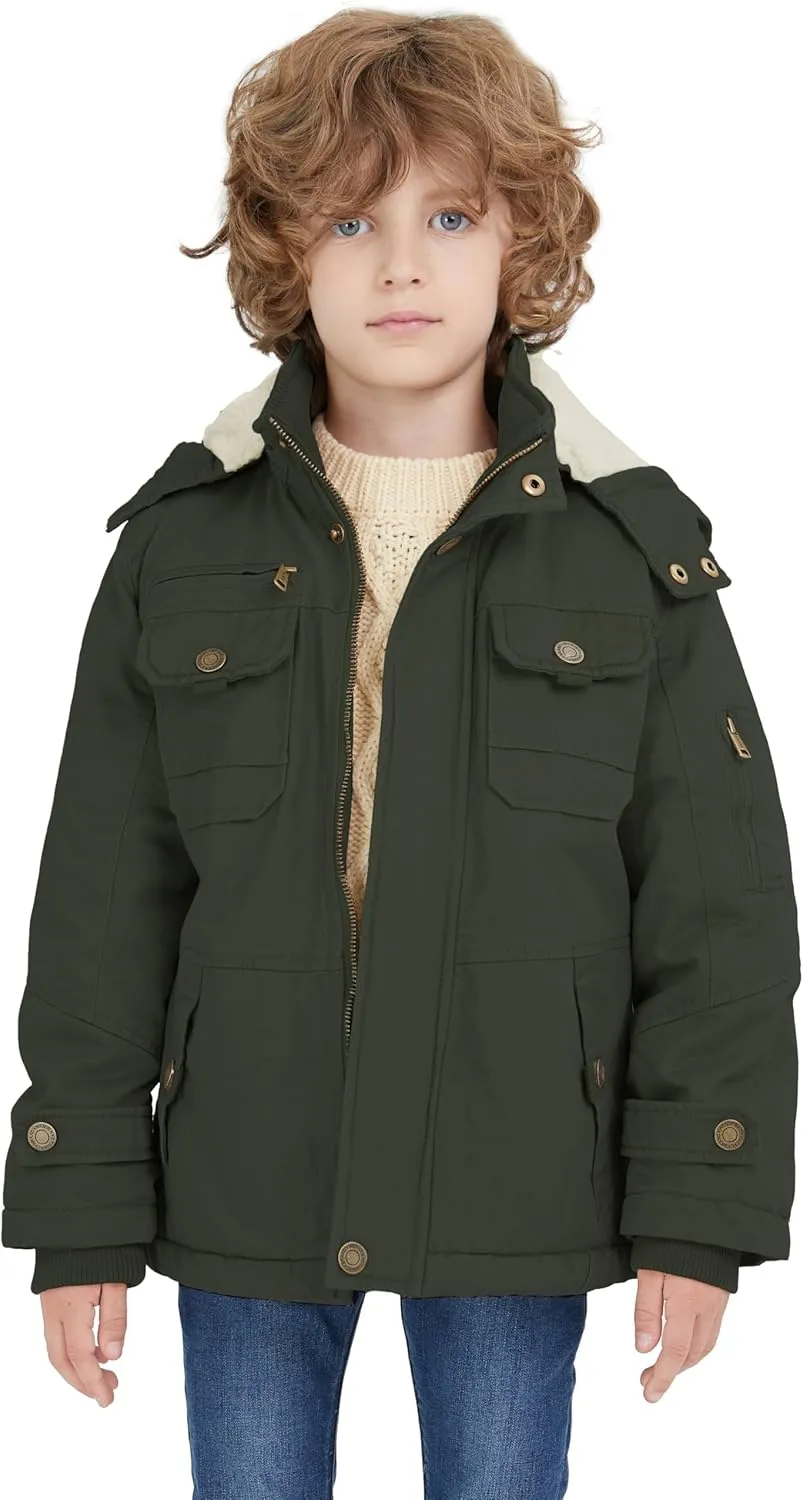 WenVen Boy's Winter Sherpa Jacket Heavy Twill Cotton Military Coat with Hood