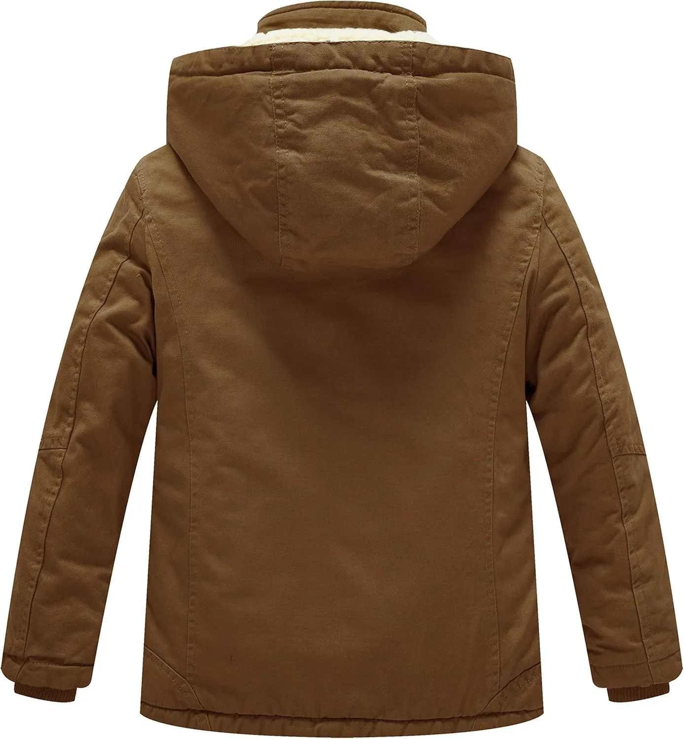 WenVen Boy's Winter Sherpa Jacket Heavy Twill Cotton Military Coat with Hood
