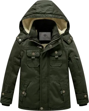 WenVen Boy's Winter Sherpa Jacket Heavy Twill Cotton Military Coat with Hood