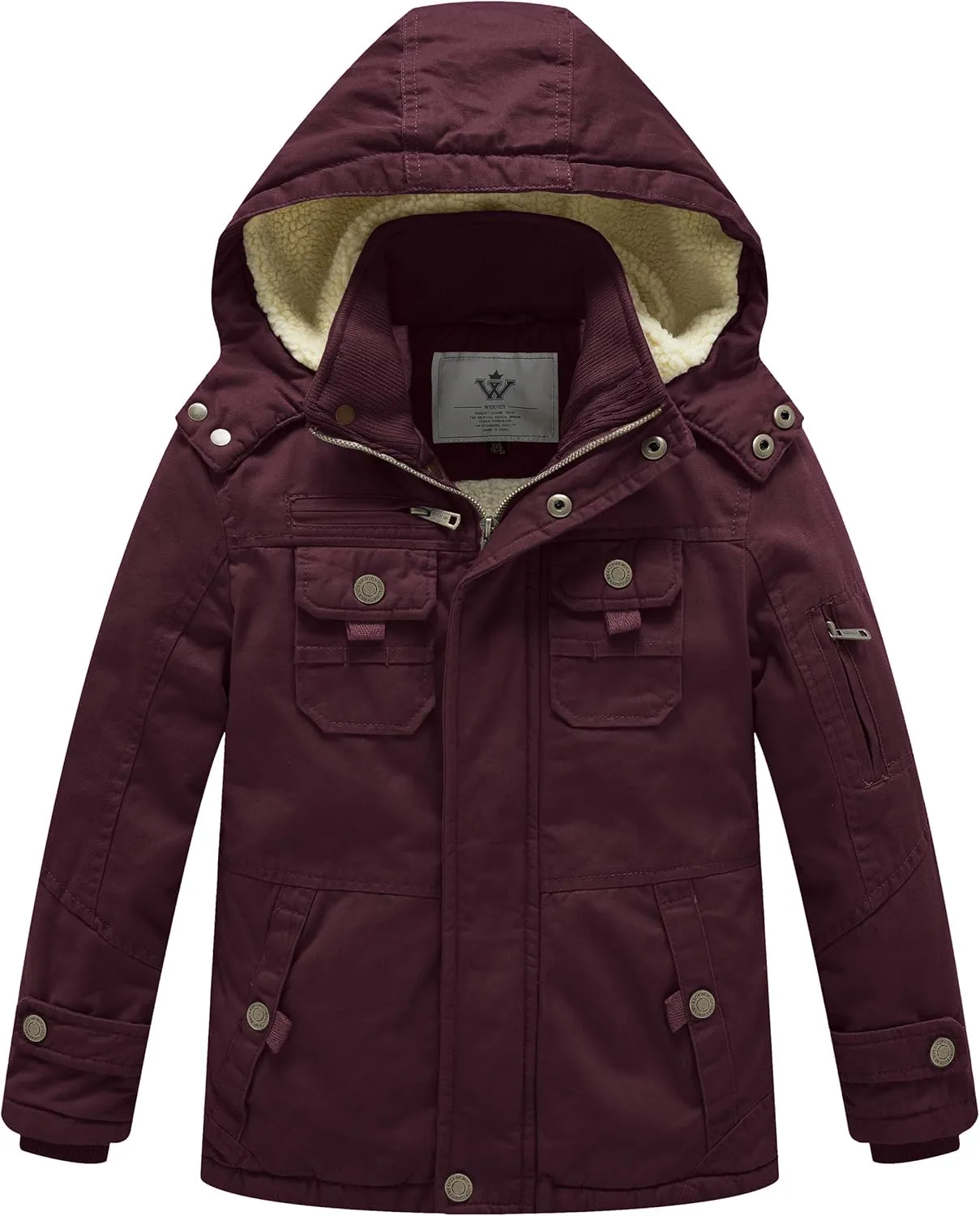 WenVen Boy's Winter Sherpa Jacket Heavy Twill Cotton Military Coat with Hood