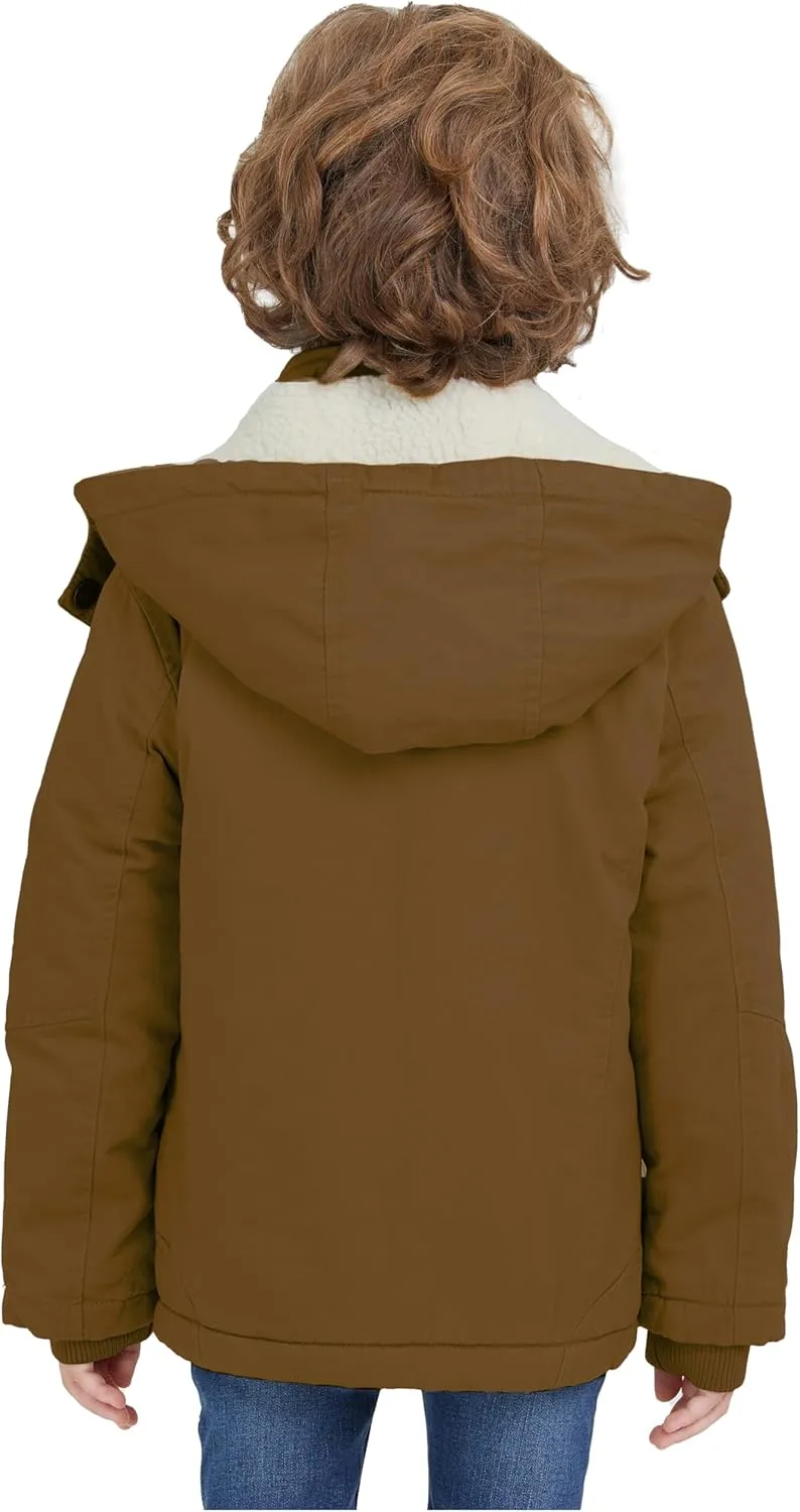 WenVen Boy's Winter Sherpa Jacket Heavy Twill Cotton Military Coat with Hood