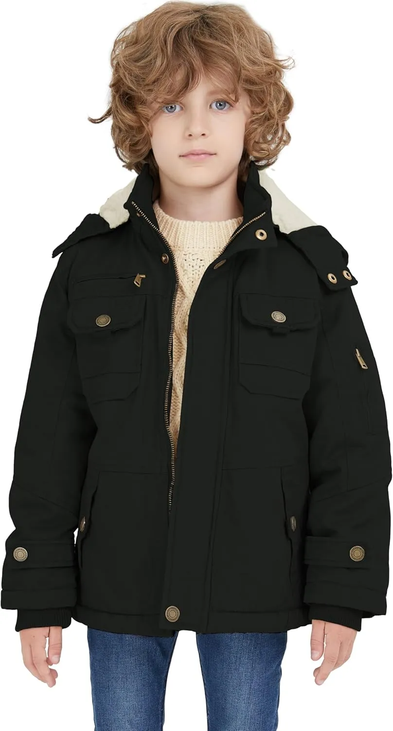 WenVen Boy's Winter Sherpa Jacket Heavy Twill Cotton Military Coat with Hood