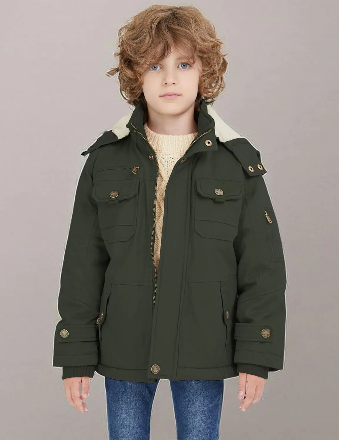 WenVen Boy's Winter Sherpa Jacket Heavy Twill Cotton Military Coat with Hood