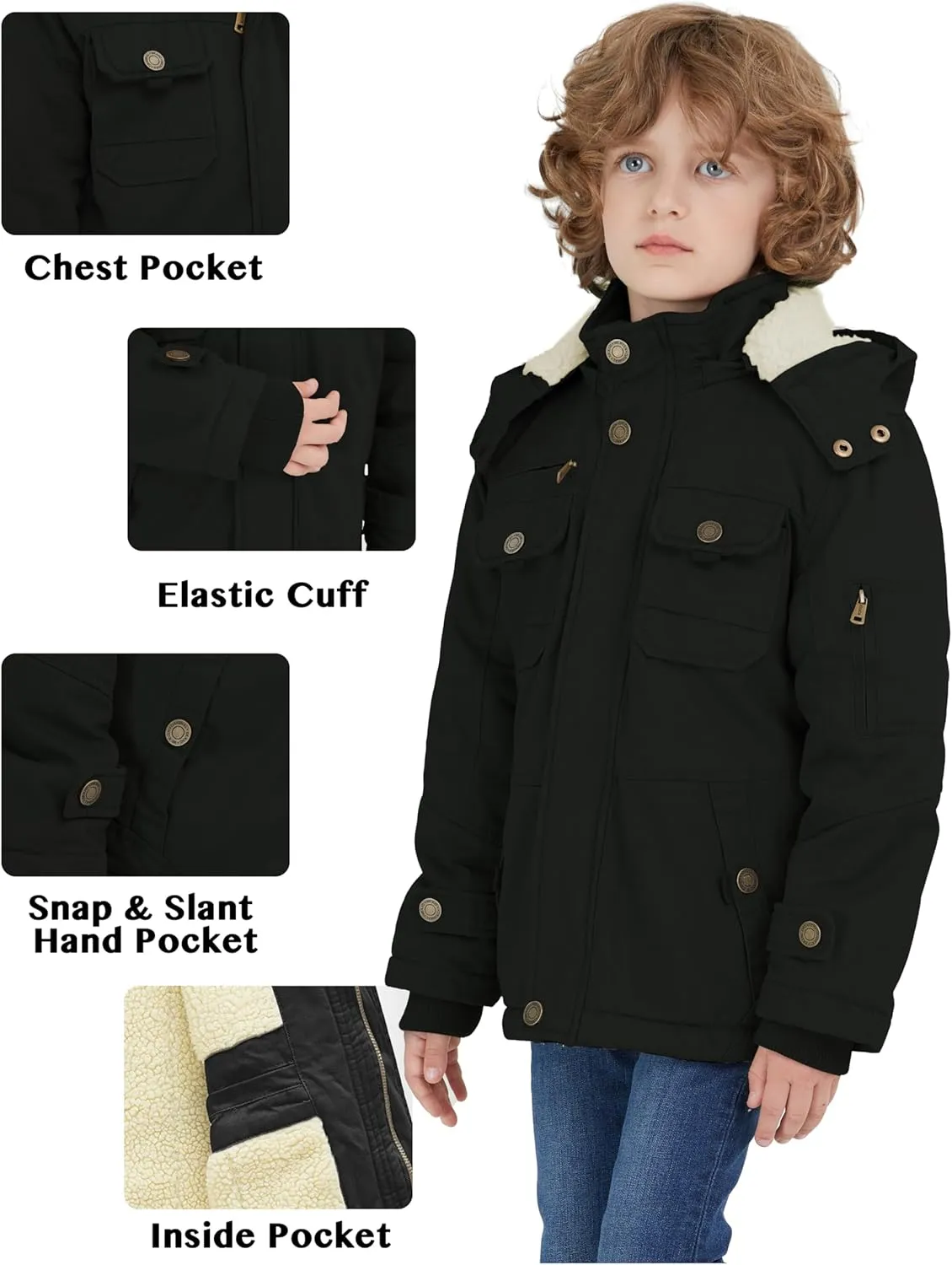 WenVen Boy's Winter Sherpa Jacket Heavy Twill Cotton Military Coat with Hood