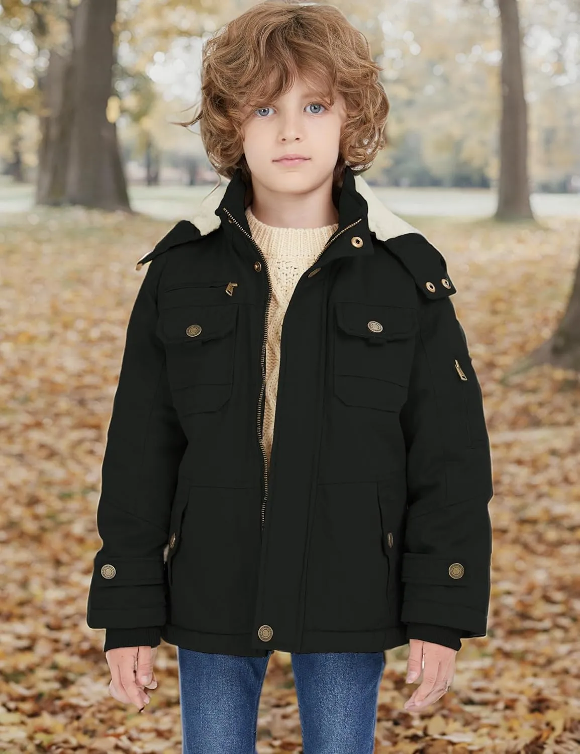 WenVen Boy's Winter Sherpa Jacket Heavy Twill Cotton Military Coat with Hood