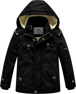 WenVen Boy's Winter Sherpa Jacket Heavy Twill Cotton Military Coat with Hood