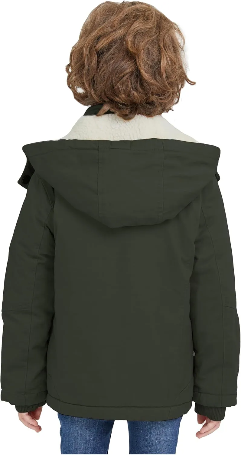 WenVen Boy's Winter Sherpa Jacket Heavy Twill Cotton Military Coat with Hood