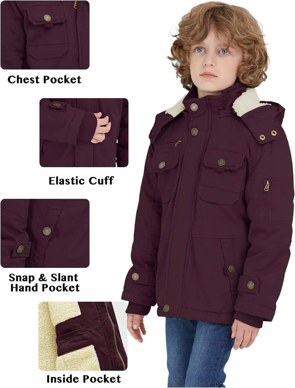 WenVen Boy's Winter Sherpa Jacket Heavy Twill Cotton Military Coat with Hood