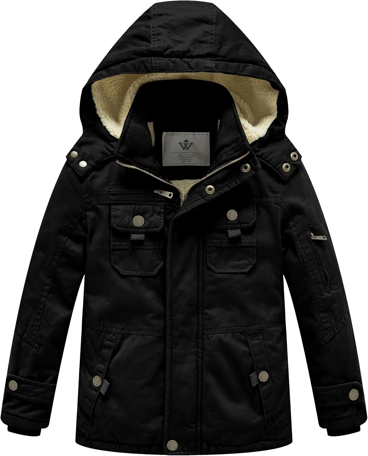 WenVen Boy's Winter Sherpa Jacket Heavy Twill Cotton Military Coat with Hood