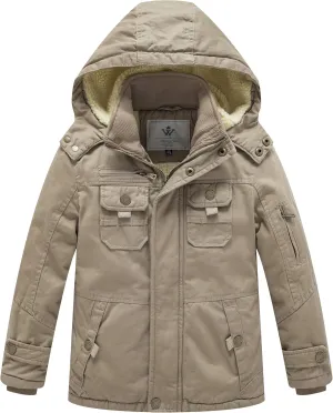 WenVen Boy's Winter Sherpa Jacket Heavy Twill Cotton Military Coat with Hood