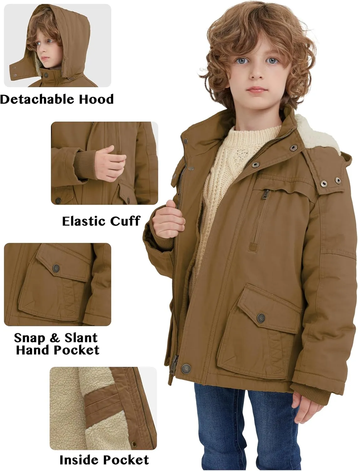 WenVen Boy's Winter Thicken Cotton Coat Heavy Sherpa Lined Hooded Parka Jacket