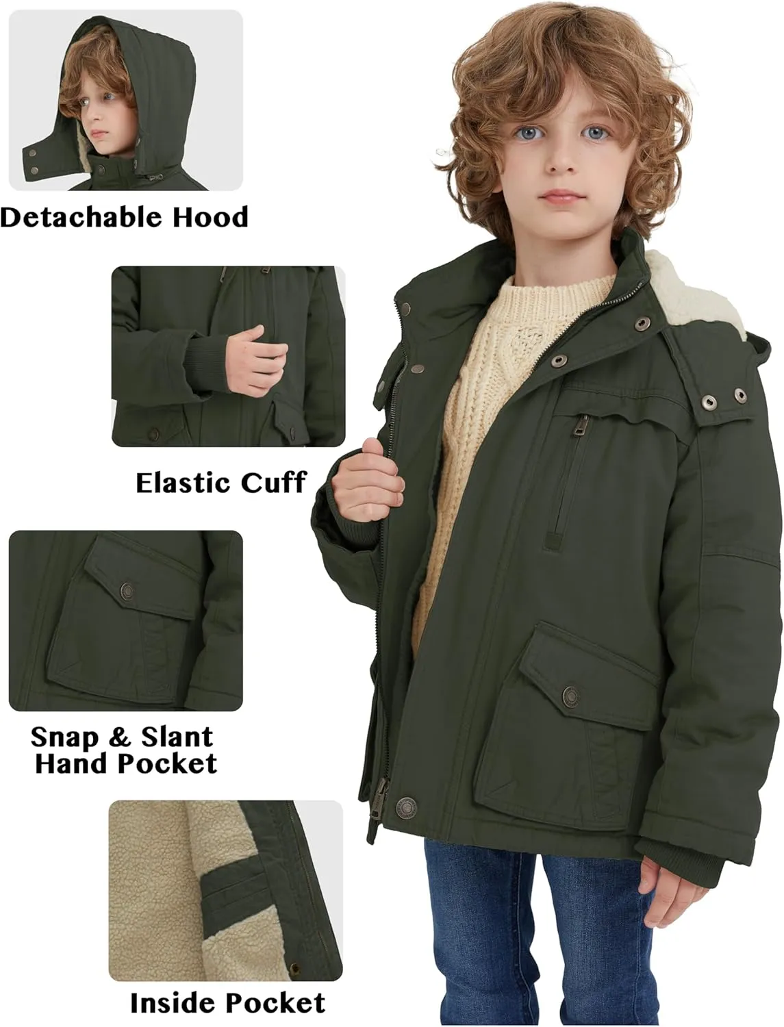 WenVen Boy's Winter Thicken Cotton Coat Heavy Sherpa Lined Hooded Parka Jacket
