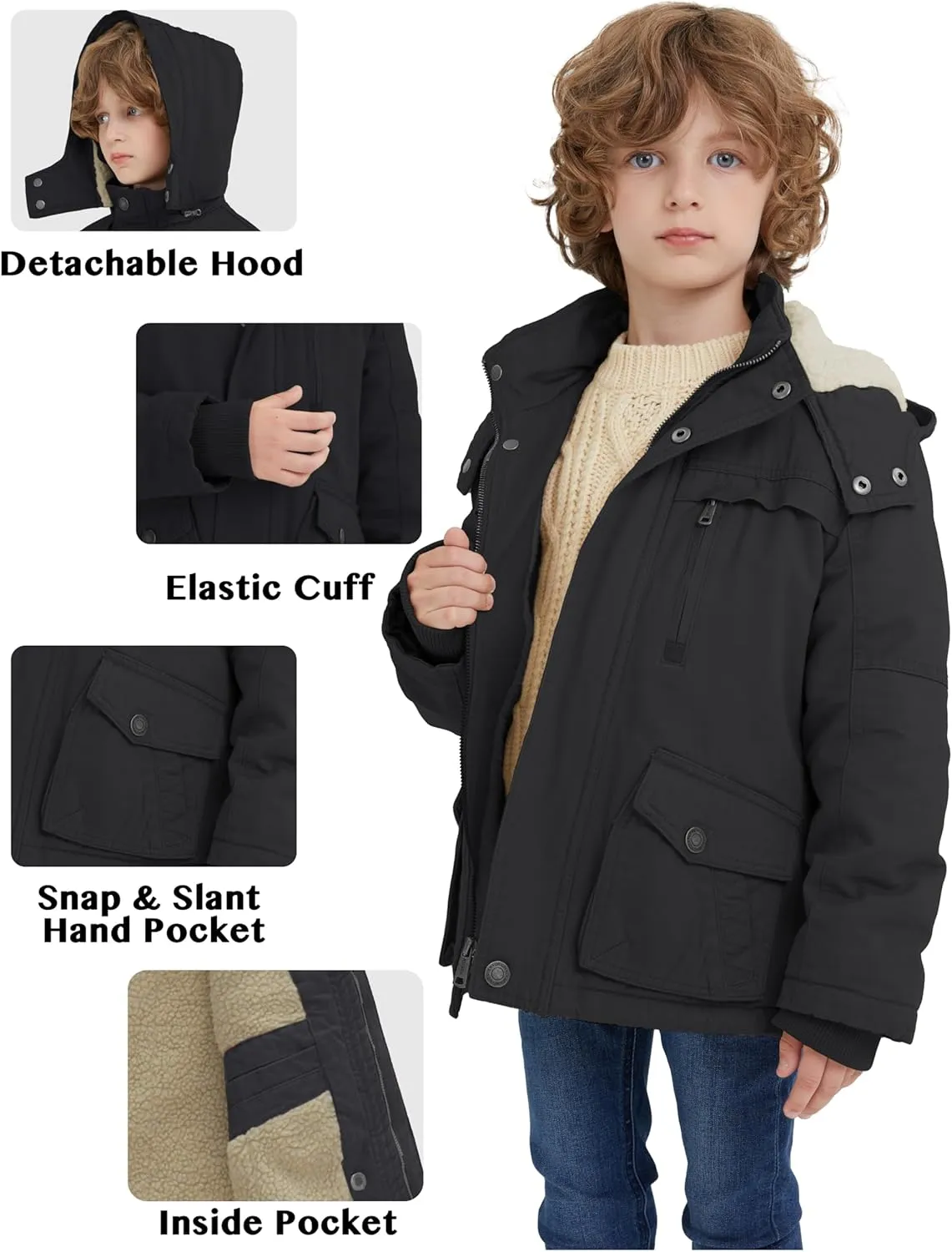 WenVen Boy's Winter Thicken Cotton Coat Heavy Sherpa Lined Hooded Parka Jacket