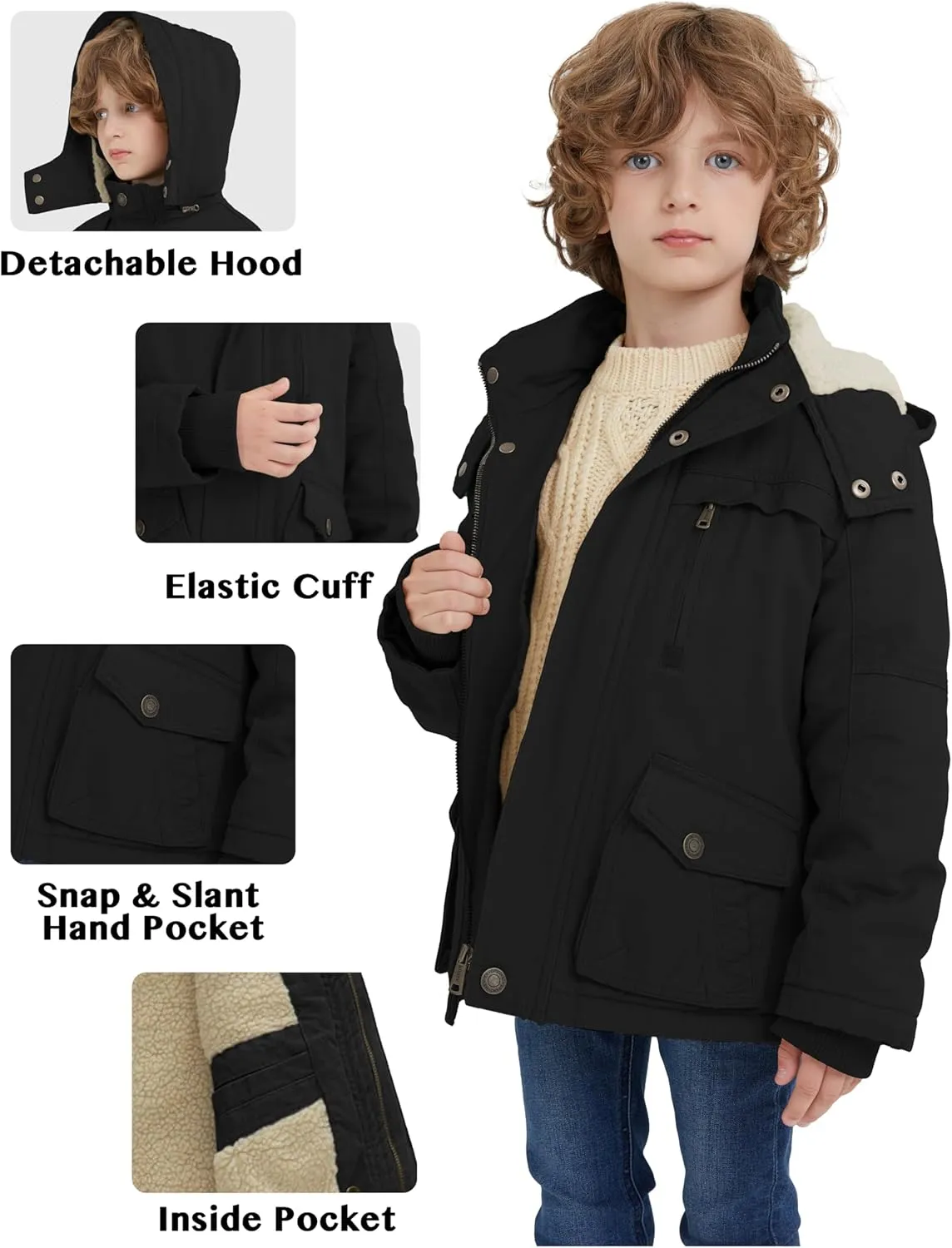 WenVen Boy's Winter Thicken Cotton Coat Heavy Sherpa Lined Hooded Parka Jacket