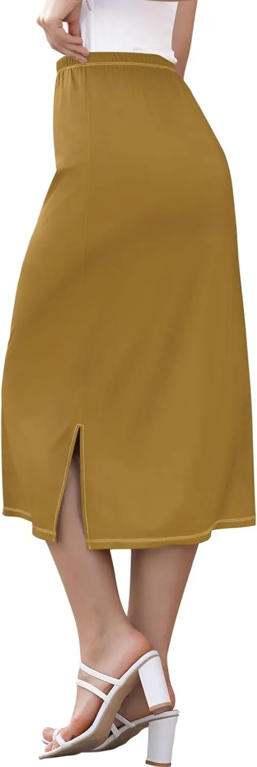 Wheat Midi Skirt Slit Women Floral Pencil Skirts Elastic Waist Cute Beach Skirt