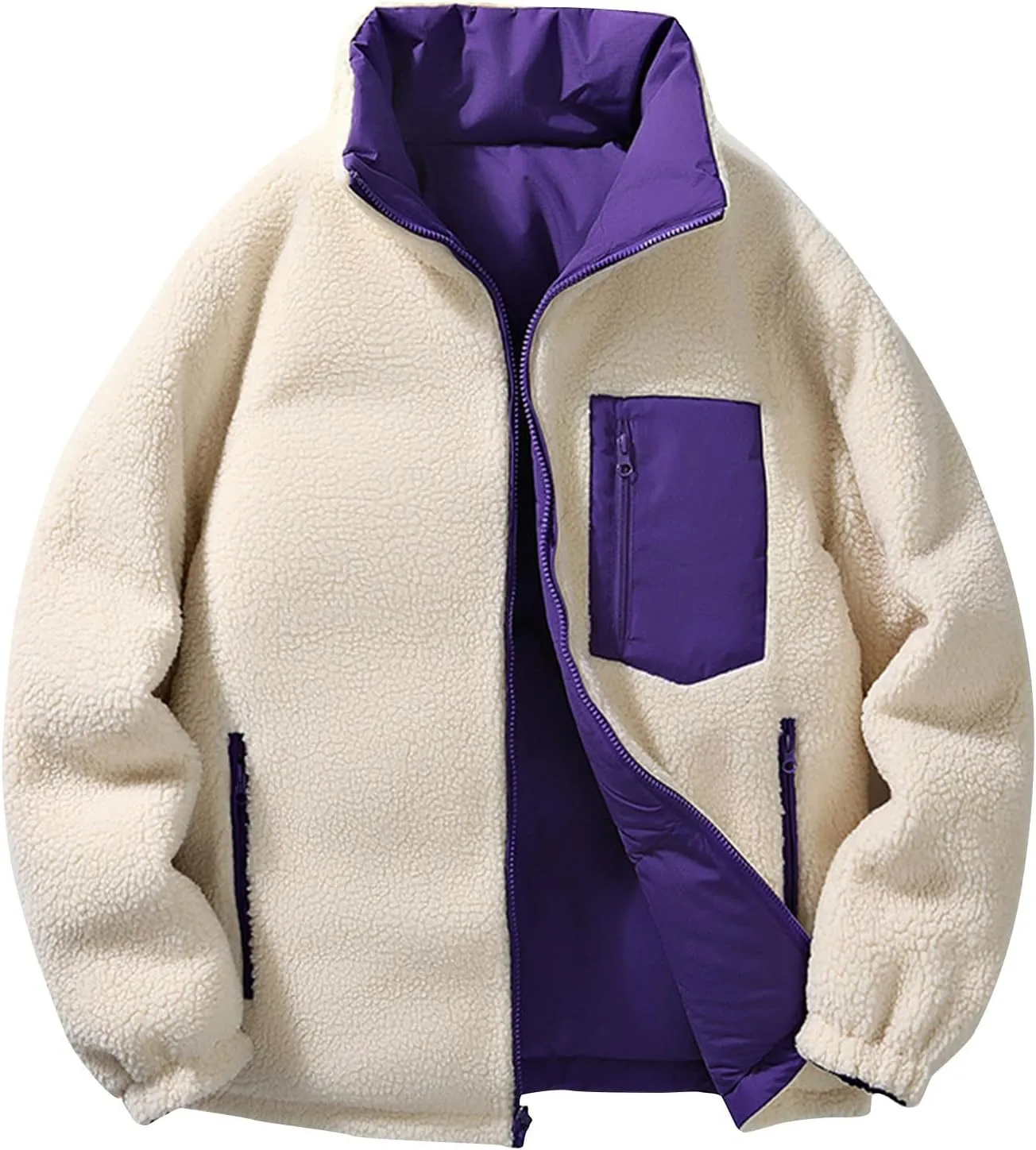 Winter Fleece Lined Coats for Men Casual Long Sleeve Color Block Jackets Fashion Zip Up Outerwear with Pockets