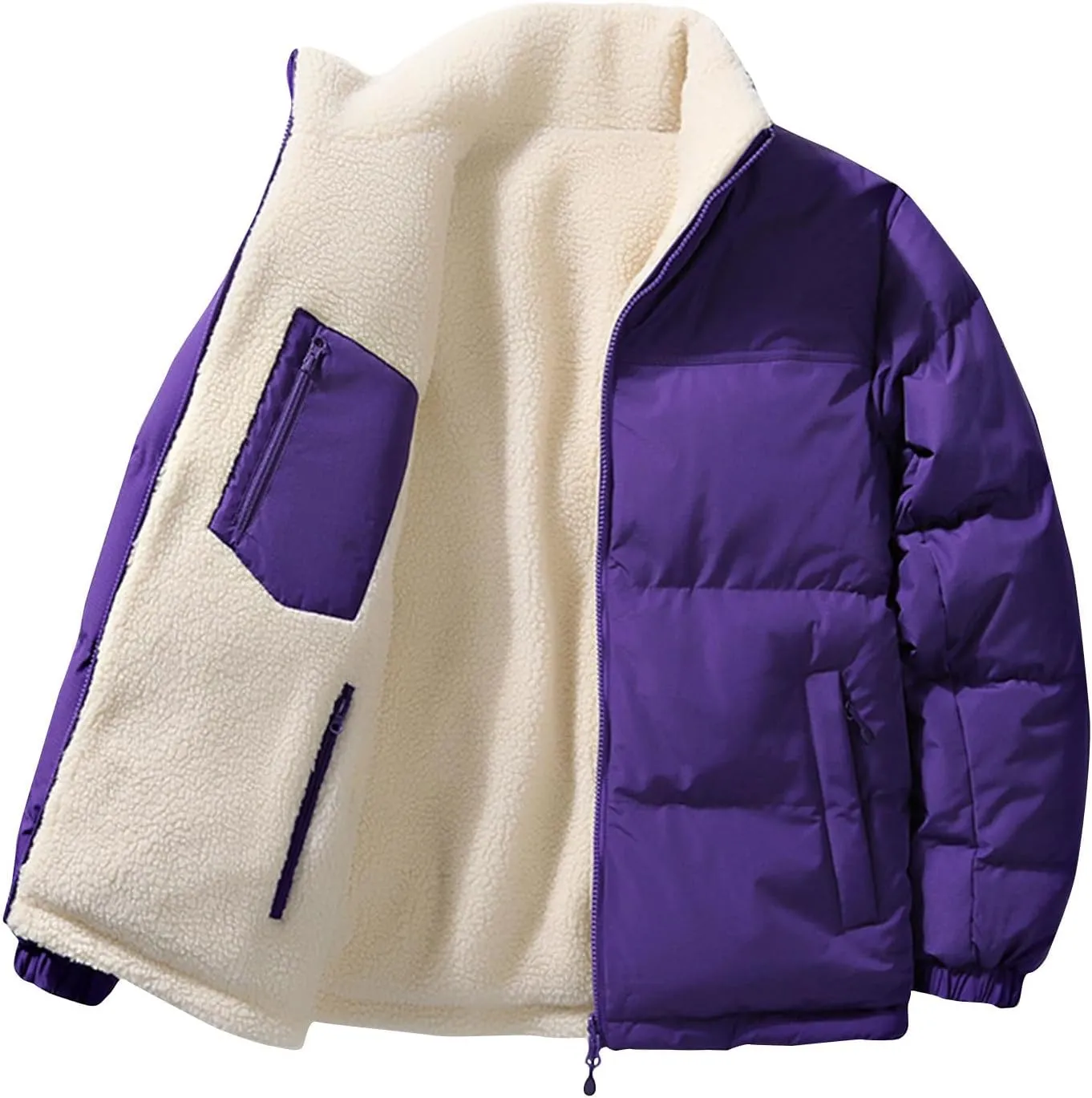 Winter Fleece Lined Coats for Men Casual Long Sleeve Color Block Jackets Fashion Zip Up Outerwear with Pockets