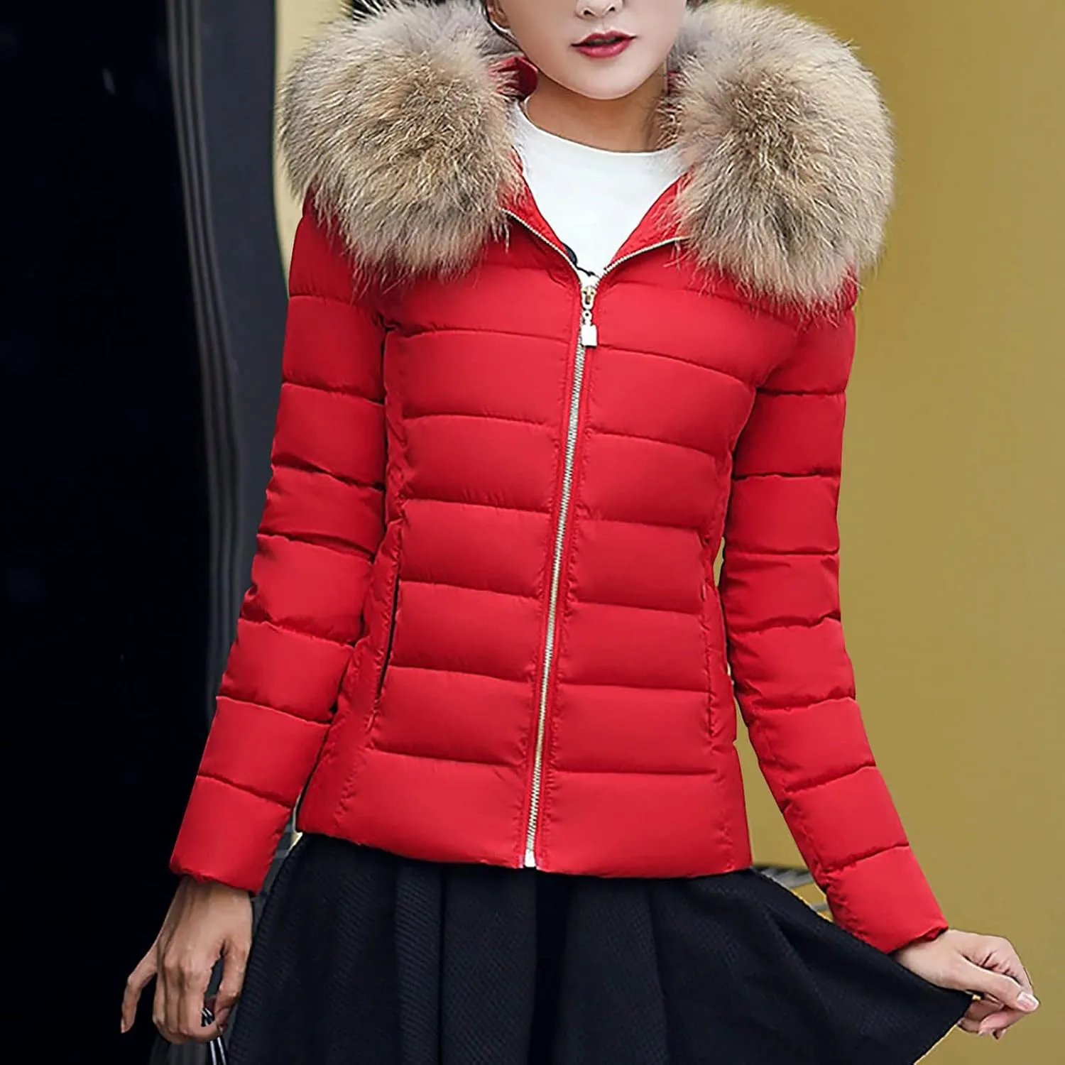 Winter Puffer Jackets for Women Plus Size Down Coats Zip Up Thermal Jacket Parkas Faux Fur Collar Hoodie Warm Outwear