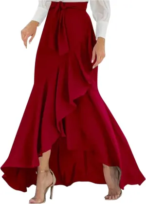 Women 2025 Summer Spring Long Skirts Dress Elastic Waist Split Ruffle High Low Maxi Skirt Elegant Dresses