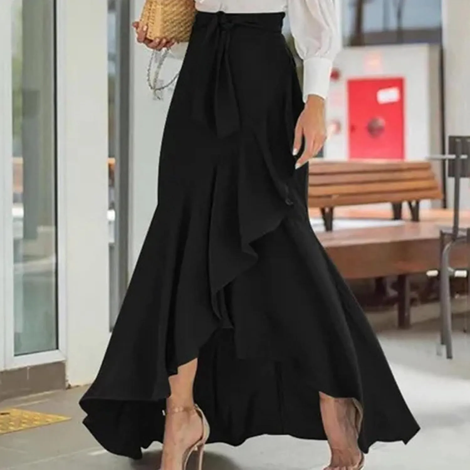 Women 2025 Summer Spring Long Skirts Dress Elastic Waist Split Ruffle High Low Maxi Skirt Elegant Dresses