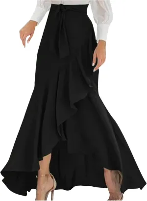Women 2025 Summer Spring Long Skirts Dress Elastic Waist Split Ruffle High Low Maxi Skirt Elegant Dresses