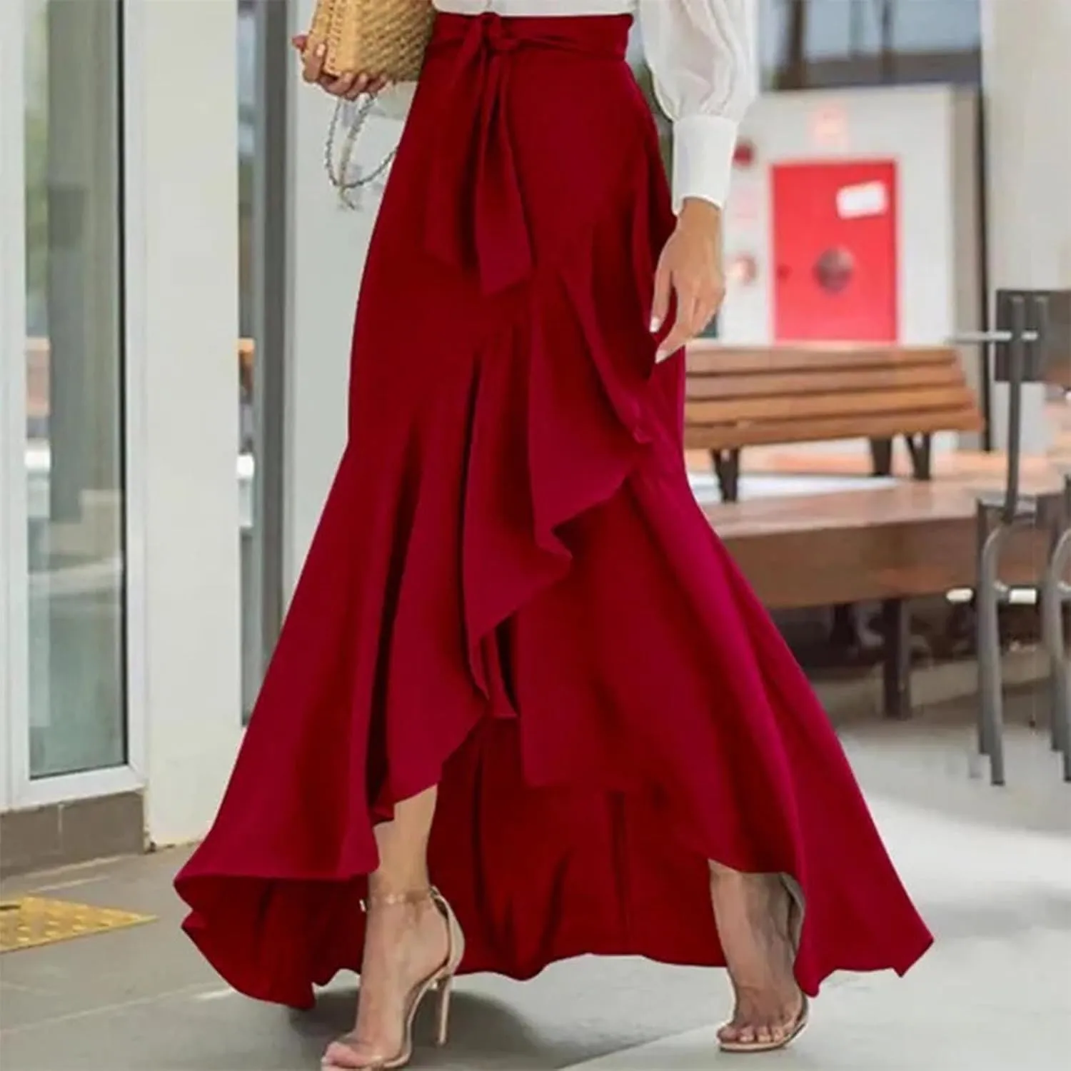Women 2025 Summer Spring Long Skirts Dress Elastic Waist Split Ruffle High Low Maxi Skirt Elegant Dresses