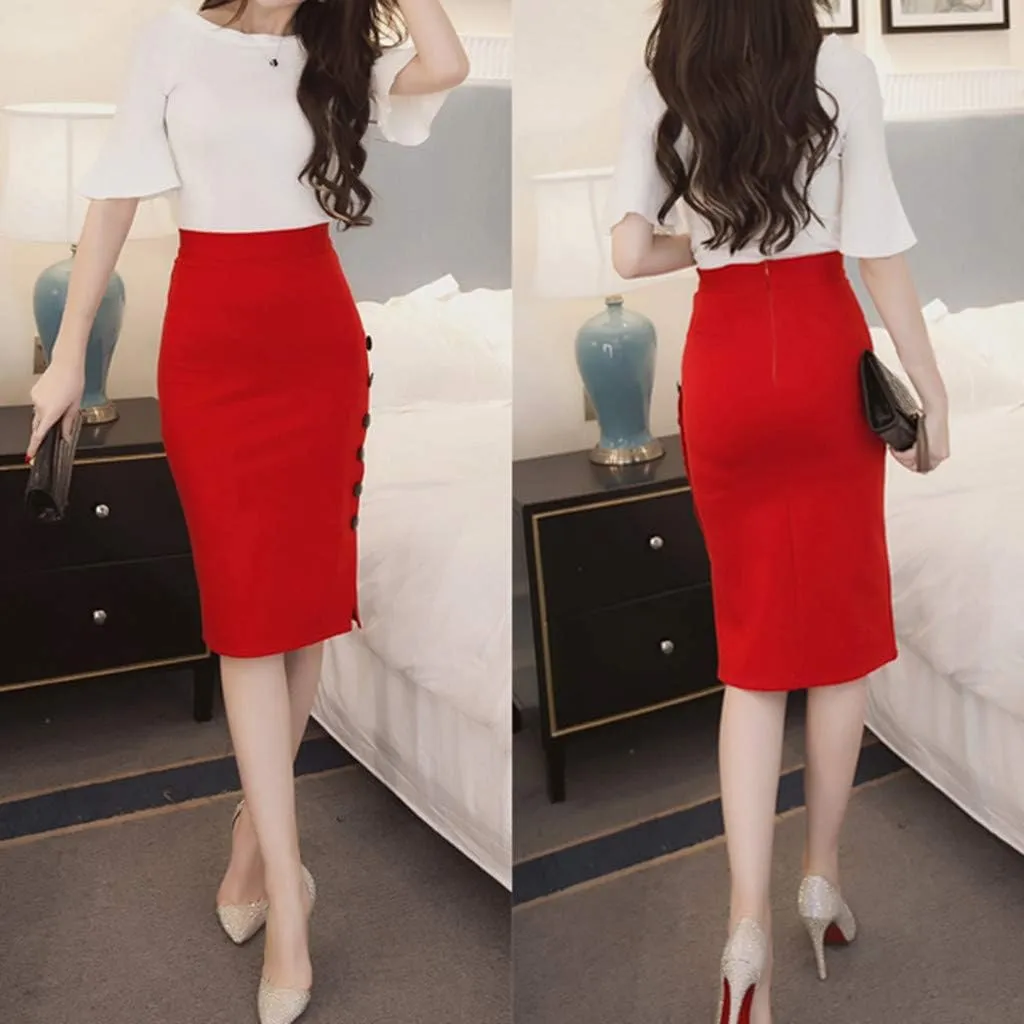 Women Bodycon Pencil Skirts High Waisted Slit Side Stretch Slim Wrap Knee Length Button Zipper Work Midi Skirt