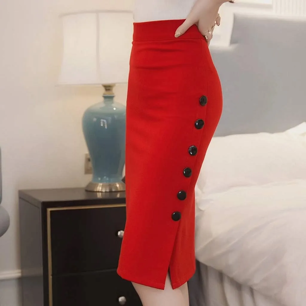 Women Bodycon Pencil Skirts High Waisted Slit Side Stretch Slim Wrap Knee Length Button Zipper Work Midi Skirt