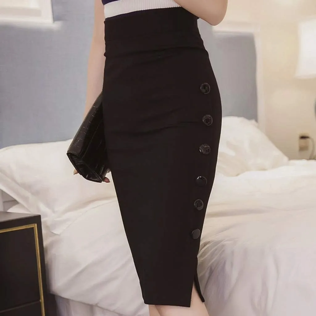 Women Bodycon Pencil Skirts High Waisted Slit Side Stretch Slim Wrap Knee Length Button Zipper Work Midi Skirt
